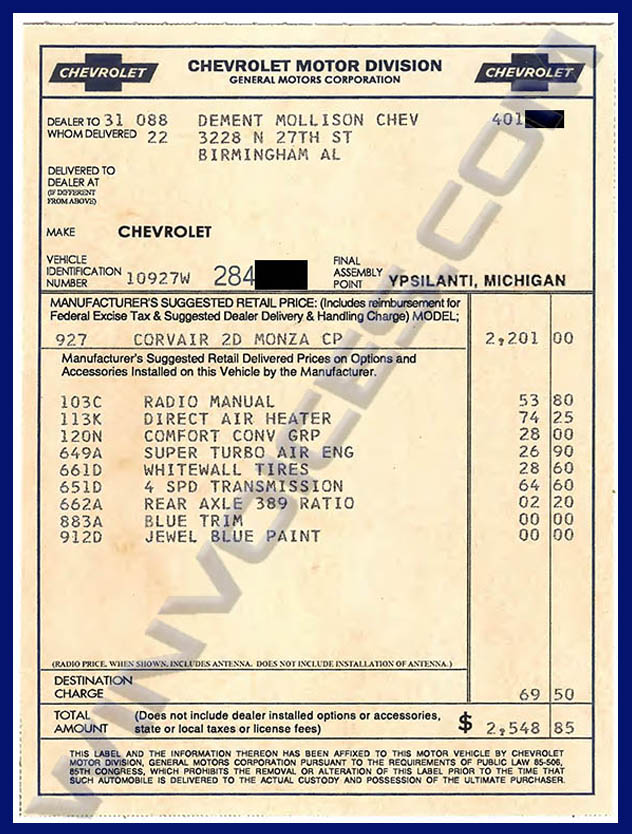 1961 Chevrolet FULL-SIZE cost/dealer window sticker prices for 61 base+options $